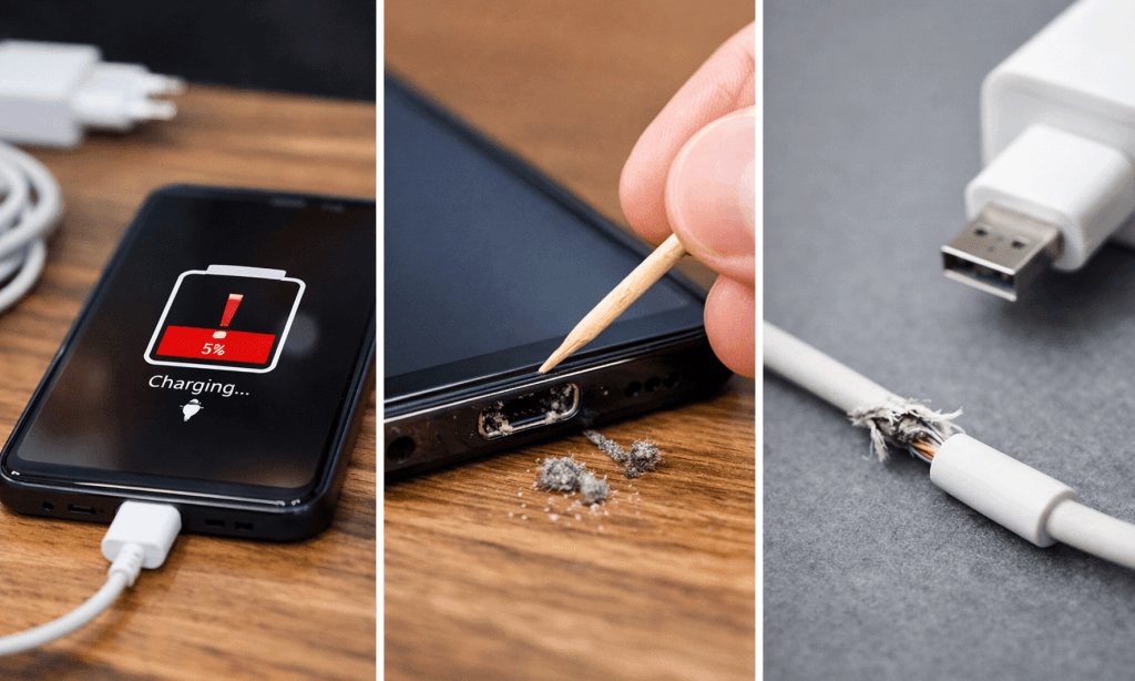 HP Android sedang dicas namun charging lama dan tidak masuk baterai dengan kabel charger terhubung ke smartphone