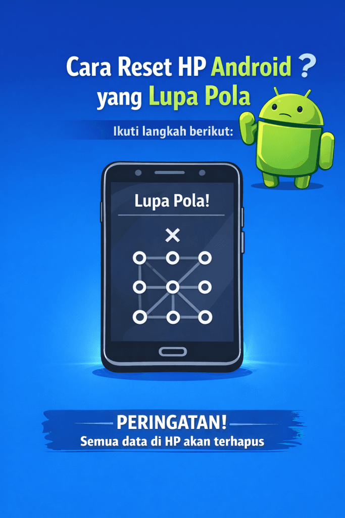 Ilustrasi reset HP Android yang lupa pola menggunakan recovery mode dan factory reset di layar smartphone Android