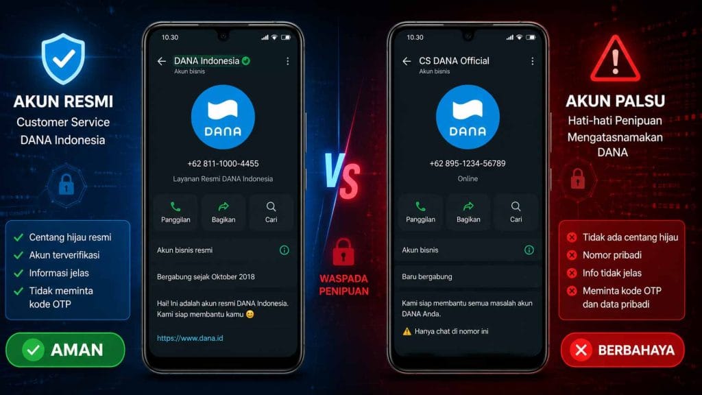 Ilustrasi akun WhatsApp Customer Service DANA palsu tanpa centang hijau resmi.