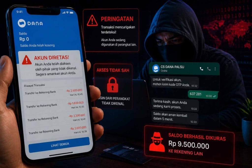 Ilustrasi akun dompet digital diretas akibat korban percaya Customer Service palsu, nuansa cyber crime realistis.