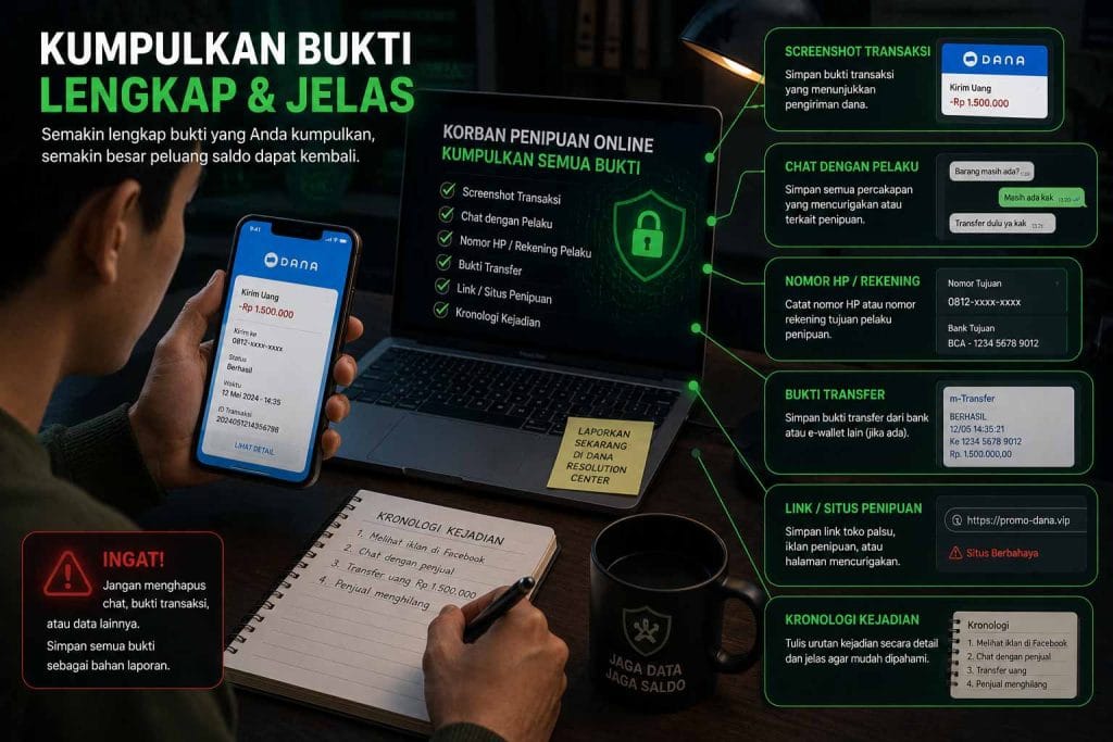 Ilustrasi korban penipuan online sedang mengumpulkan bukti transaksi