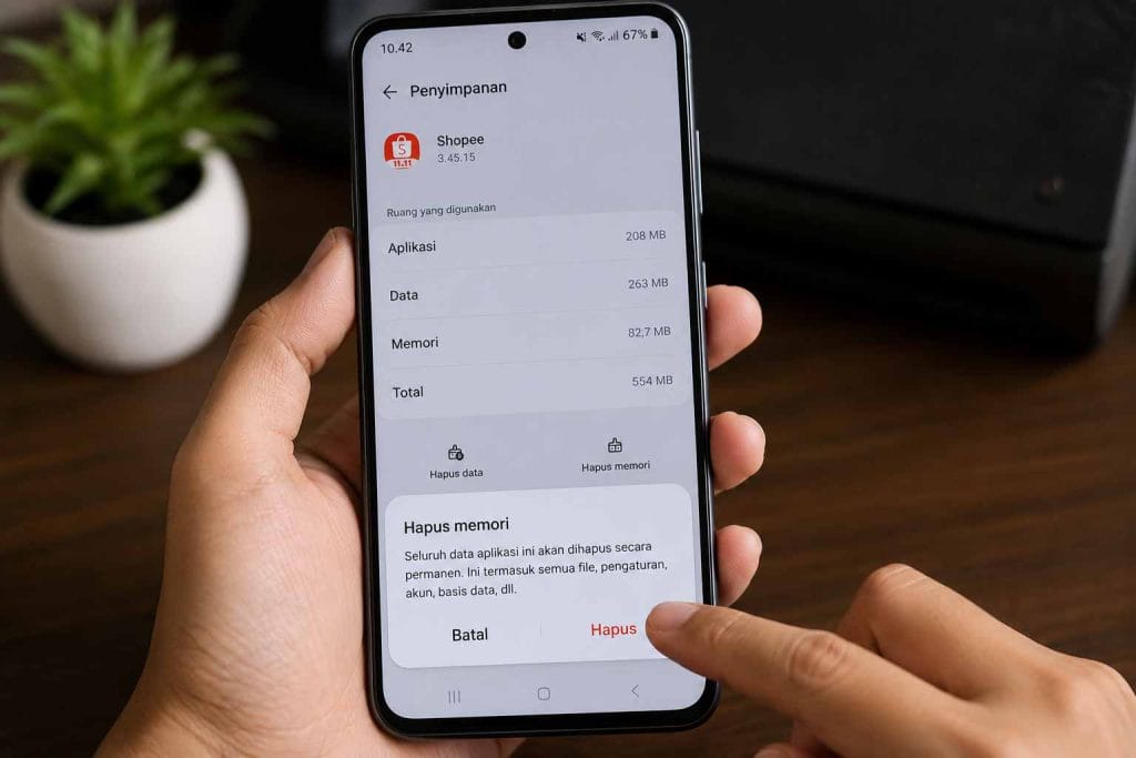 Pengguna membersihkan cache aplikasi Shopee di Android
