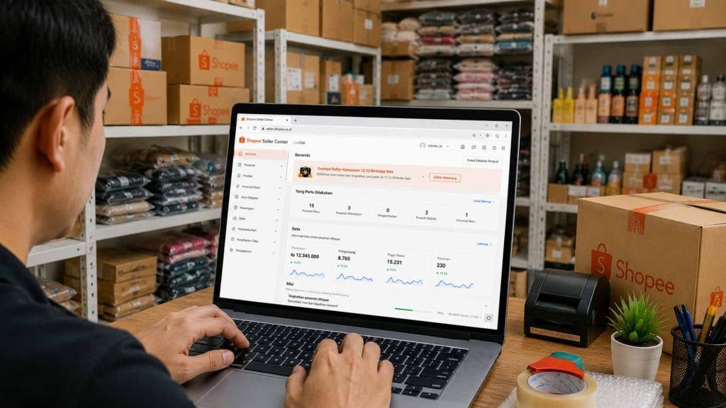 Pengguna membuka halaman Shopee Seller Center di laptop