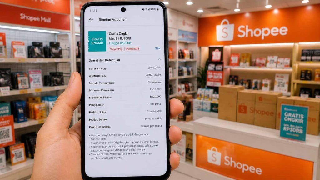 Pengguna memeriksa syarat dan ketentuan voucher Shopee di aplikasi Android