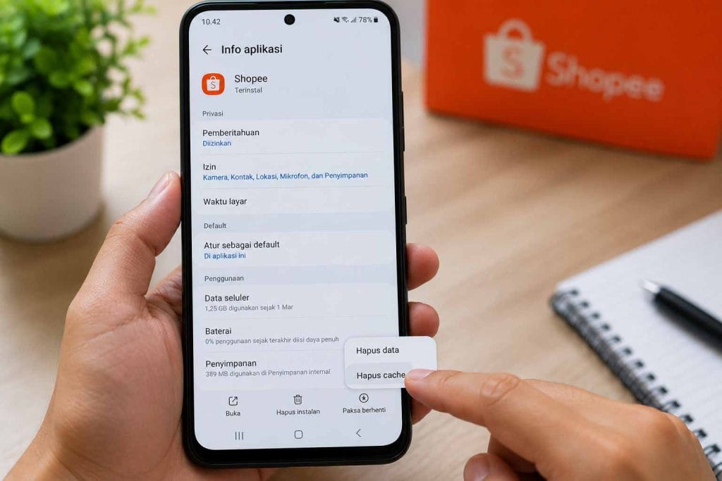 Pengguna sedang membersihkan cache aplikasi Shopee di Android