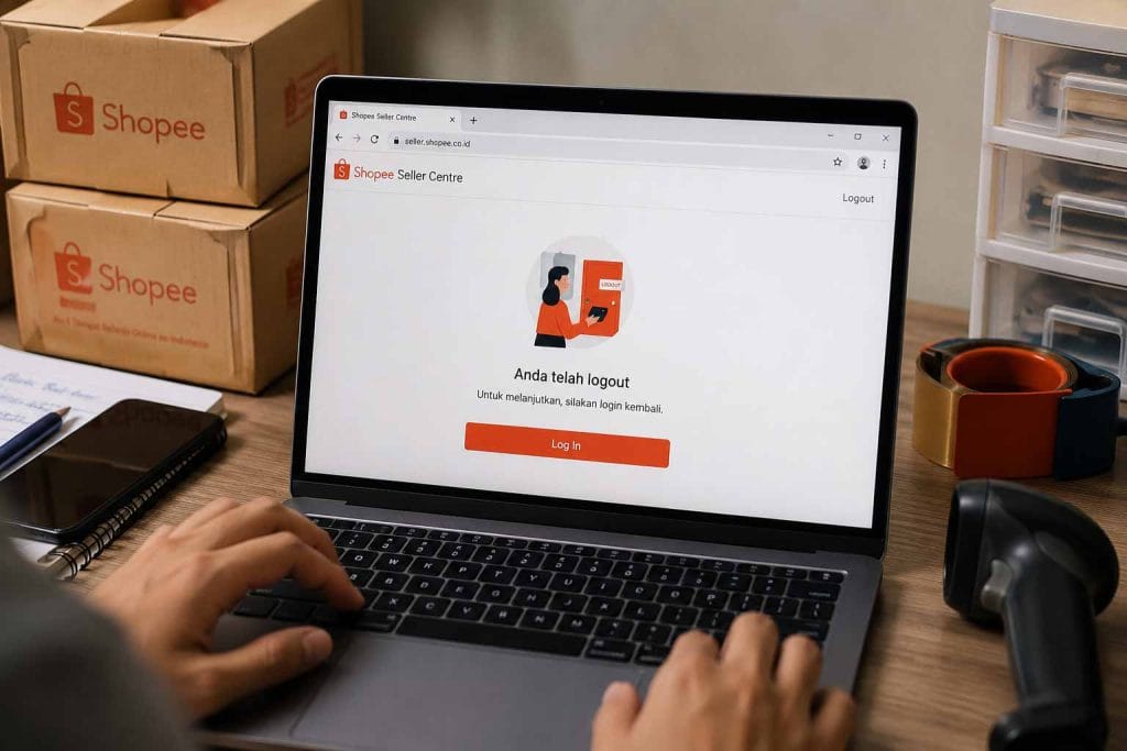 Tampilan Shopee Seller Center tiba-tiba logout sendiri di laptop saat penjual sedang mengelola toko online