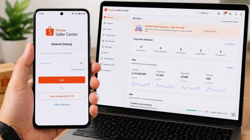 Tampilan login Shopee Seller Center di HP Android