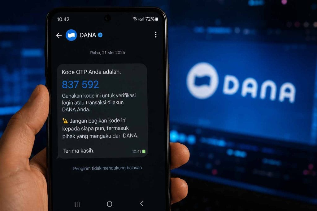 Tampilan pesan OTP DANA di smartphone Android.