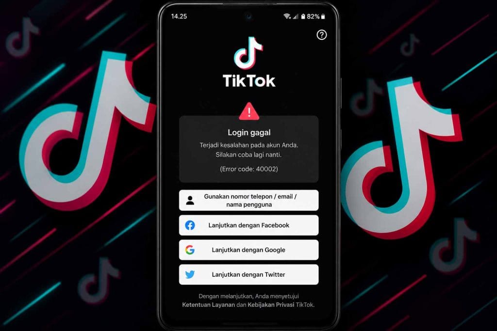 Tampilan smartphone Android menunjukkan aplikasi TikTok gagal login dengan pesan error akun dan ikon peringatan keamanan.
