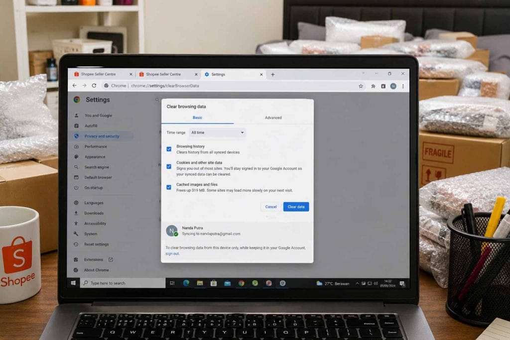 membersihkan cache browser di Google Chrome untuk memperbaiki Shopee Seller Center error