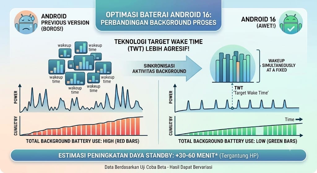 Grafis perbandingan konsumsi daya baterai yang lebih hemat pada background proses Android 16.