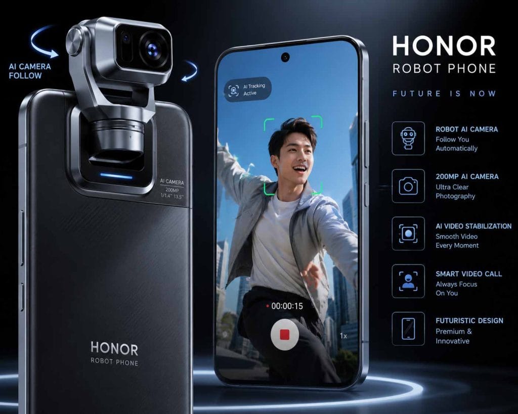 Honor Robot Phone dengan kamera robot AI yang dapat mengikuti gerakan pengguna secara otomatis dan desain smartphone futuristik.