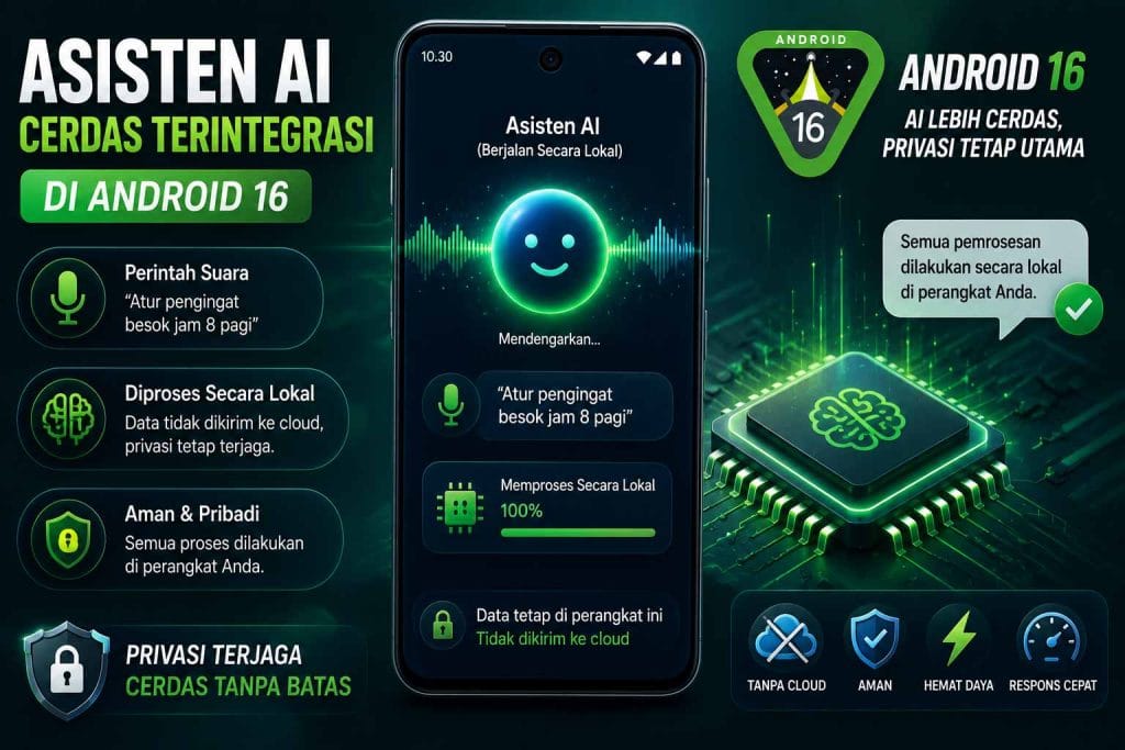 Ilustrasi asisten AI cerdas terintegrasi yang sedang memproses perintah suara secara lokal di Android 16.