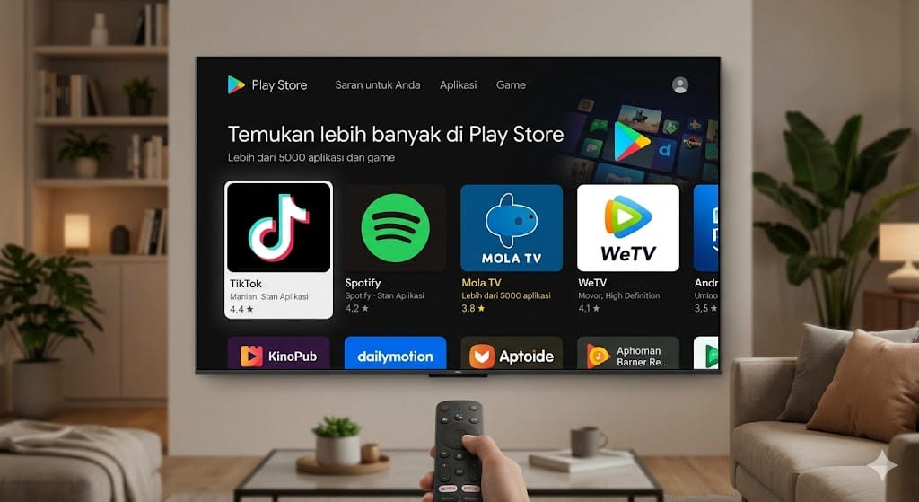Tampilan menu Google Play Store di Android TV untuk mencari aplikasi